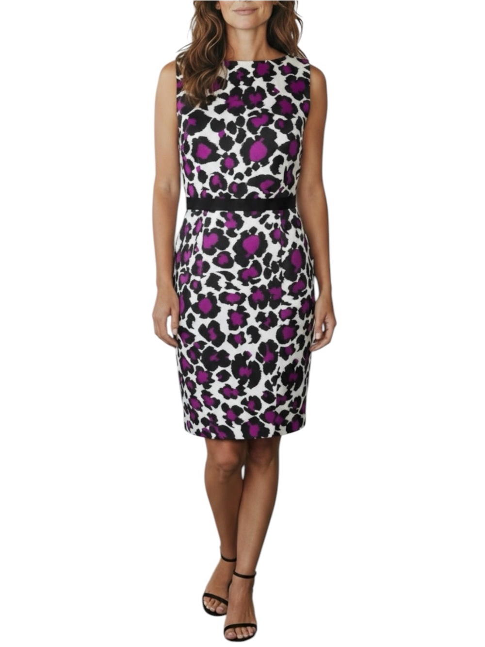 David Meister purple black white leopard print fitted sheath dress size 4